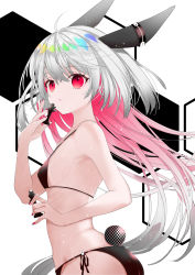 Rule 34 | 1girl, animal ears, ass, bare arms, bare shoulders, bikini, black bikini, breasts, chess piece, gradient hair, hair between eyes, highres, holding, honeycomb (pattern), honeycomb background, konataeru, multicolored hair, nail polish, original, parted lips, pink hair, rabbit ears, rabbit girl, rabbit tail, red eyes, red hair, red nails, side-tie bikini bottom, small breasts, solo, swimsuit, tail, white background, white hair