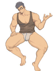 Rule 34 | 1boy, bara, black tank top, bulge, facial hair, glasses, goatee stubble, grey hair, hand up, head tilt, highres, invisible chair, large bulge, large pectorals, looking at viewer, male focus, male underwear, mature male, muscular, muscular male, no pants, original, pectoral cleavage, pectorals, seductive smile, short hair, sideburns, sitting, smile, solo, spread legs, stubble, tank top, thick eyebrows, thick thighs, thighs, underwear, white male underwear, youchi123