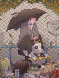 Rule 34 | 1boy, :|, animal, backpack, bag, ball, baseball, bird, black bag, black hair, black pants, black umbrella, book, bottle, box, cardigan, chain-link fence, closed mouth, collared shirt, drawstring bag, fence, flower, flute, flying, full body, grey cardigan, handheld game console, highres, holding, holding umbrella, insect cage, instrument, inumoto922, jump rope, keyboard (instrument), leaf, long sleeves, looking to the side, male focus, melodica, necktie, orange flower, original, osmanthus, outdoors, panda, pants, paper, park, playground, railing, randoseru, recorder, shadow, shirt, shoelaces, shoes, short hair, sideways glance, sign, sneakers, soccer ball, sparrow, spring (object), spring rider, striped clothes, striped footwear, thermos, toy, toy box, tree, two-tone footwear, umbrella, uwabaki, vertical stripes, water bottle, white footwear