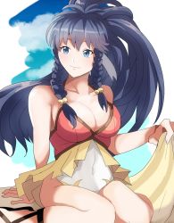 Rule 34 | 1girl, bare shoulders, blue eyes, blue hair, braid, breasts, cleavage, cloud, commentary request, covered navel, fire emblem, fire emblem: the sacred stones, fire emblem heroes, large breasts, long hair, nintendo, one-piece swimsuit, ponytail, rem (eyes 410), sandals, sidelocks, sky, solo, swimsuit, tana (fire emblem)