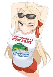 Rule 34 | 1girl, absurdres, arms behind head, artist name, blonde hair, blue eyes, breasts, clothes writing, commentary, cropped legs, english commentary, english text, eyewear on head, female focus, fuck-me shirt, highres, hoshino char, kijikoru, long hair, medium breasts, meme attire, one eye closed, print shirt, red shorts, shirt, shorts, simple background, solo, sunglasses, sweatdrop, t-shirt, tsunderia, virtual youtuber, watermark, white background