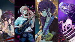 Rule 34 | 1other, 25-ji nightcord de. (project sekai), 3girls, akiyama mizuki, androgynous, asahina mafuyu, asymmetrical sleeves, band, bass guitar, black background, black jacket, blue background, blue eyes, blue hair, blue pants, blue ribbon, brown eyes, brown hair, brown vest, cable, chain, chaos1402, closed mouth, clothes writing, collared shirt, column lineup, commentary request, cowboy shot, double-parted bangs, drum, drum set, drumsticks, earpiece, electric guitar, fingernails, gradient background, grey background, guitar, hair between eyes, hair over shoulder, hair ribbon, highres, holding, holding drumsticks, holding guitar, holding instrument, instrument, jacket, keyboard (instrument), light blue hair, long bangs, long hair, long sleeves, looking ahead, looking at object, looking to the side, microphone, midriff peek, multiple girls, music, open clothes, open jacket, pants, partial commentary, pink eyes, pinstripe pattern, pinstripe shirt, playing instrument, pocket, ponytail, project sekai, purple background, purple eyes, purple hair, purple jacket, ribbon, serious, shinonome ena, shirt, short hair, short sleeves, side ponytail, single stripe, smile, strap, striped clothes, striped jacket, sweat, t-shirt, tongue, tongue out, track jacket, two-tone ribbon, uneven sleeves, upper body, very sweaty, vest, white ribbon, white shirt, yellow background, yoisaki kanade