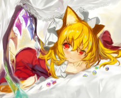Rule 34 | 1girl, animal ears, beads, bed, blonde hair, blush, bow, cat ears, closed mouth, commentary request, crossed arms, crystal, dress, dutch angle, flandre scarlet, fuepo, hair between eyes, hair bow, hat, head rest, highres, kemonomimi mode, long hair, looking to the side, lying, mob cap, on stomach, puffy short sleeves, puffy sleeves, red bow, red dress, red eyes, short sleeves, smile, solo, top-down bottom-up, touhou, wings