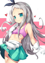 Rule 34 | 10s, 1boy, :3, absurdres, black hairband, blend s, blush, commentary, gloves, gorudazo, green eyes, green skirt, hairband, heart, heart-shaped pupils, highres, kanzaki hideri, long hair, looking at viewer, male focus, midriff, navel, silver hair, skirt, solo, symbol-shaped pupils, trap, v, white gloves