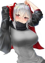 Rule 34 | 1girl, absurdres, ahoge, antennae, arknights, arms up, black jacket, black scarf, blush, breasts, bright pupils, demon girl, demon horns, grey hair, highres, horns, jacket, large breasts, looking at viewer, open clothes, open jacket, paid reward available, red eyes, scarf, smile, solo, tokumeikibo, two-sided fabric, two-sided jacket, upper body, w (arknights), white pupils