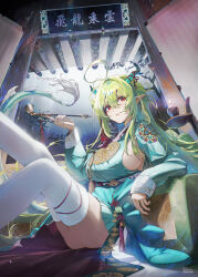 Rule 34 | 1girl, absurdres, ahoge, artist name, breasts, candle, candlestand, commission, dragon girl, dragon horns, dragon tail, dress, feet out of frame, green dress, green hair, green horns, green tail, grin, hair between eyes, hair bun, hair ribbon, hand up, highres, holding, holding smoking pipe, horn ornament, horn ribbon, horns, large breasts, long hair, long sleeves, looking at viewer, looking to the side, obi, obijime, original, pointy ears, rain, red eyes, red tassel, ribbon, sash, sena 8ito, sideboob, sideboob cutout, single hair bun, sitting, sky, smile, smoking pipe, solo, tail, tassel, thighhighs, tree, very long hair, white thighhighs