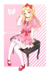 Rule 34 | 10s, 1girl, blonde hair, bow, c:, chair, character name, closed mouth, dress, drill hair, eromanga sensei, frills, full body, hair bow, halterneck, highres, long hair, long sleeves, looking at viewer, mary janes, pantyhose, piano bench, pink background, pink dress, pointy ears, red bow, red footwear, ringlets, shoes, smile, solo, striped, striped background, white pantyhose, yamada elf, youta