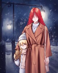 Rule 34 | 1boy, 1girl, absurdres, alternate costume, bag, beanie, blonde hair, braid, brother and sister, brown jacket, closed mouth, commentary, contemporary, elden ring, english commentary, handbag, hat, height difference, highres, holding hands, jacket, jewelry, jinu (pixiv84296916), long hair, long sleeves, looking at viewer, malenia blade of miquella, miquella (elden ring), mittens, necklace, night, no eyes, outdoors, pink bag, pink scarf, prosthesis, prosthetic arm, red hair, ribbed sweater, scarf, siblings, side braid, snow, snowing, sweater, trap, turtleneck, turtleneck sweater, twins, white sweater, winter clothes, yellow eyes