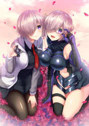 Rule 34 | 1girl, adjusting eyewear, armor, armored dress, black dress, black pantyhose, black thighhighs, breasts, commentary request, dress, dual persona, fate/grand order, fate (series), glasses, hair over one eye, ibuki haruhi, jacket, large breasts, looking at viewer, mash kyrielight, necktie, open mouth, pantyhose, petals, purple eyes, purple hair, shield, short hair, sitting, smile, thighhighs