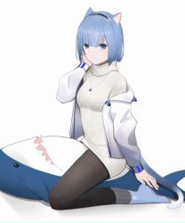 Rule 34 | 1girl, animal ears, bad id, bad pixiv id, black pantyhose, blue eyes, blue hair, blue socks, breasts, cat ears, cat girl, chilli 646, closed mouth, hairband, hand on own cheek, hand on own face, highres, ikea shark, jacket, jewelry, looking at viewer, medium breasts, medium hair, necklace, open clothes, open jacket, original, pantyhose, shark, sitting, smile, socks, solo, star (symbol), star necklace, stuffed animal, stuffed shark, stuffed toy, sweater, white background, white jacket, white sweater