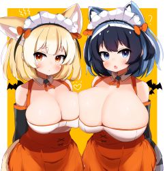 Rule 34 | 2girls, ?, absurdres, animal ear fluff, animal ears, bat (animal), berusa (berutoo), black hair, blonde hair, blue eyes, blush, bow, breast press, breasts, cleavage, common raccoon (kemono friends), detached collar, detached sleeves, extra ears, fang, fennec (kemono friends), fox ears, fox tail, grey hair, hair bow, halloween, heart, highres, huge breasts, kemono friends, kemono friends 3, large breasts, looking at viewer, maid headdress, multicolored background, multicolored hair, multiple girls, neck ribbon, open mouth, orange background, orange bow, orange eyes, orange skirt, raccoon ears, raccoon tail, ribbon, short hair, simple background, skin fang, skirt, tail, upper body, white background