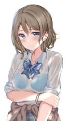 Rule 34 | 1girl, beige jacket, blouse, blue bow, blue bowtie, blue bra, blue eyes, blush, bow, bowtie, bra, bracelet, breasts, clothes around waist, grey hair, hair between eyes, hand on own arm, jacket, jacket around waist, jewelry, looking at viewer, love live!, love live! sunshine!!, medium breasts, pleated skirt, reminiscence202, school uniform, see-through, see-through skirt, shirt, short hair, sidelocks, simple background, skirt, sleeves rolled up, solo, underwear, upper body, watanabe you, white background, white shirt