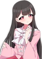 Rule 34 | 1girl, absurdres, black hair, blush, bow, closed mouth, commentary request, highres, houraisan kaguya, long hair, long sleeves, looking at viewer, red eyes, simple background, smile, solo, touhou, tsukimirin, white background, white bow, wide sleeves