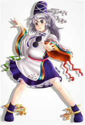 Rule 34 | 1girl, absurdres, blue footwear, blue hat, blue skirt, bright pupils, closed mouth, commentary, grey background, grey eyes, grey hair, hat, highres, japanese clothes, kariginu, long hair, looking at viewer, mononobe no futo, parted lips, pom pom (clothes), ribbon-trimmed sleeves, ribbon trim, signature, simple background, skirt, sleep (isliping), smile, solo, tate eboshi, touhou, white pupils, wide sleeves