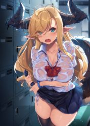 Rule 34 | 1girl, absurdres, antenna hair, blonde hair, blue eyes, blue skirt, bow, bowtie, breasts, cowboy shot, dragon girl, dragon horns, dragon tail, earrings, eyes visible through hair, hair over one eye, heart antenna hair, highres, horns, indoors, jewelry, large breasts, locker, long hair, looking at viewer, mole, mole on thigh, nail polish, no bra, open mouth, original, panty straps, pointy ears, raiou, red bow, red bowtie, scrunchie, see-through, shirt, short sleeves, skirt, solo, standing, tail, thighhighs, very long hair, wet, wet clothes, wet shirt, white shirt, wringing clothes, wrist scrunchie