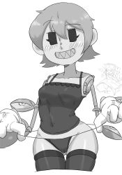 Rule 34 | 2girls, bloody marie (skullgirls), blush, breasts, cameltoe, collarbone, covered navel, cowboy shot, cyborg, dress, g-string, gloves, greyscale, grin, highres, monochrome, multiple girls, painting fish, panties, panty pull, peacock (skullgirls), raised eyebrow, running, seductive smile, skullgirls, small breasts, smile, solo focus, thighhighs, thong, underwear, white background