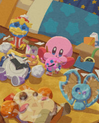 Rule 34 | blue eyes, blush stickers, cardboard, character doll, elfilin, highres, indoors, king dedede, kirby, kirby (series), meta knight, miclot, nintendo, no humans, open mouth, painting (action), paper plate, pink footwear, plate, shoes, sitting, tape, waddle dee