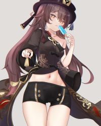 Rule 34 | 1girl, :o, bare shoulders, black hat, black shorts, blush, brown hair, chinese clothes, cowboy shot, eating, food, genshin impact, half-closed eyes, hat, highres, hu tao (genshin impact), lifted by self, long hair, looking at viewer, midriff, navel, open mouth, popsicle, red eyes, shiratori aki, short shorts, shorts, symbol-shaped pupils, tailcoat, top hat, twintails, very long hair