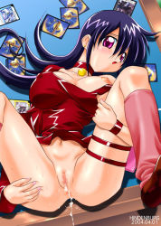 Rule 34 | 1girl, aftersex, blue hair, blush, breasts, card, censored, choker, covered erect nipples, cum, cum in pussy, cumdrip, duel masters, earrings, hindenburg (hindenburugu), jewelry, jpeg artifacts, large breasts, leg lift, long hair, loose socks, mosaic censoring, open mouth, pink eyes, pussy, socks, solo, spread legs, tasogare mimi, thigh strap, wristband