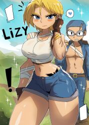 Rule 34 | !, 1boy, 1girl, absurdres, arm tattoo, bandaged arm, bandaged wrist, bandages, belt, black eyes, blonde hair, blue eyes, blue hair, blue jacket, blue pants, blue shorts, blush, bracelet, breasts, brown belt, brown gloves, cleavage, cloud, collarbone, denim, denim shorts, earrings, fingerless gloves, gloves, goggles, grass, heart, highres, jacket, jewelry, large breasts, lizy (tony welt), looking at viewer, midriff, navel, open clothes, open jacket, original, pants, shirt, short hair, shorts, sky, sparkle, speech bubble, spoken heart, standing, stomach tattoo, tank top, tattoo, teeth, thick thighs, thighs, tony welt, white shirt, wide hips, wrist tattoo