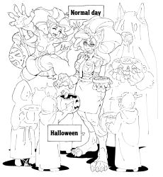 Rule 34 | 1girl, 6+others, animal ears, animal hands, arms up, barefoot, basket, bell, blush, bowl, candy, choker, claws, closed eyes, closed mouth, costume, drooling, emphasis lines, english text, fake horns, fang, felicia (vampire), food, glasses, greyscale, halloween, highres, holding, holding basket, holding bowl, holding pumpkin, holding vegetable, hood, hood up, horns, ireading, jack-o&#039;-lantern, long hair, monochrome, multiple others, multiple views, muscular, muscular female, neck bell, necktie, open mouth, pumpkin, saliva, signature, simple background, smile, standing, sweat, sweatdrop, teeth, thighhighs, vampire (game), white background