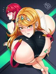 Rule 34 | 2girls, ass, ass focus, ass grab, ass squeeze, black one-piece swimsuit, blonde hair, breasts, competition swimsuit, grabbing another&#039;s ass, head on ass, head rest, highres, multiple girls, mythra (radiant beach) (xenoblade), mythra (xenoblade), nail polish, nintendo, one-piece swimsuit, pyra (pro swimmer) (xenoblade), pyra (xenoblade), red hair, revolverwing, selfcest, shiny clothes, shiny skin, shiny swimsuit, smile, squeezing, squeezing butt, swimsuit, thigh grab, thighs, white one-piece swimsuit, xenoblade chronicles (series), xenoblade chronicles 2, yuri