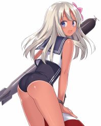 Rule 34 | 10s, 1girl, 501092-taka, ass, blonde hair, blue eyes, blush, crop top, flower, from behind, hair flower, hair ornament, kantai collection, long hair, looking at viewer, looking back, one-piece swimsuit, open mouth, ro-500 (kancolle), sailor collar, school swimsuit, smile, solo, swimsuit, swimsuit under clothes, tan, tanline, torpedo