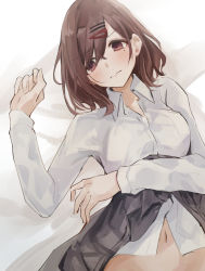 Rule 34 | 1girl, blush, brown hair, clothes lift, commentary request, hair ornament, hairclip, highres, higuchi madoka, idolmaster, idolmaster shiny colors, long sleeves, looking at viewer, lying, mogupon, mole, mole under eye, navel, on back, on bed, purple eyes, shirt, short hair, skirt, skirt lift, solo, upper body, white shirt