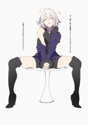 Rule 34 | 1girl, absurdres, ahoge, bare shoulders, boots, commentary request, fate/grand order, fate (series), full body, fur trim, hair between eyes, high heel boots, high heels, highres, jacket, jeanne d&#039;arc (fate), jeanne d&#039;arc alter (fate), jeanne d&#039;arc alter (ver. shinjuku 1999) (fate), jikatarou, official alternate costume, short hair, sitting, solo, spread legs, thighhighs, translated, white background, white hair