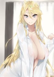 Rule 34 | 1girl, absurdres, ahoge, alternate costume, blonde hair, blue eyes, blurry, blurry background, breasts, cleavage, collarbone, collared shirt, hair between eyes, highres, iowa (kancolle), kantai collection, large breasts, long hair, long sleeves, looking at viewer, naked shirt, open clothes, open shirt, rinrin kai, shirt, smile, solo, star-shaped pupils, star (symbol), swept bangs, symbol-shaped pupils, white shirt, window