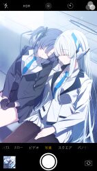 Rule 34 | 2girls, absurdres, black gloves, black pantyhose, black skirt, blue archive, blue necktie, blush, breasts, closed eyes, closed mouth, collared shirt, formal, gloves, grey hair, halo, highres, kamiyama sumu, large breasts, long hair, long sleeves, mechanical halo, medium breasts, multiple girls, necktie, noa (blue archive), pantyhose, parted lips, pleated skirt, purple hair, shirt, skirt, sleeping, suit, two side up, white shirt, white skirt, yuuka (blue archive)