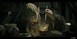 Rule 34 | 1girl, absurdres, aged down, artist name, blonde hair, book, bookshelf, bowl, braid, choker, closed mouth, comic panel redraw, concentrating, cup, derivative work, dirt, droop (lofter), dungeon meshi, elf, glass, glowing, grey robe, hand up, herb, highres, holding, hood, hood down, hooded robe, indoors, letterboxed, long hair, long sleeves, magic research, marcille donato, pointy ears, robe, solo, table, twin braids, twintails, urn, yellow eyes
