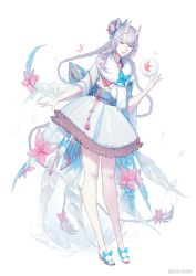 Rule 34 | 0bsessi0n, 1girl, absurdly long hair, artist name, bad id, bad pixiv id, dress, flower, food fantasy, full body, fur trim, hand up, horns, light blue dress, long hair, looking at viewer, red eyes, sandals, silver hair, solo, standing, very long hair, white background