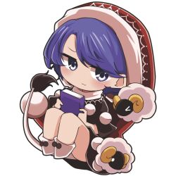 Rule 34 | 1girl, animal, black capelet, blue eyes, blue hair, book, capelet, chibi, closed mouth, doremy sweet, dress, full body, hat, holding, holding book, nightcap, pom pom (clothes), red hat, sheep, shoes, short hair, simple background, solo, tail, tapir tail, touhou, white background, white footwear, yasui nori