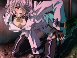 Rule 34 | 1girl, arm support, bent over, black thighhighs, blood, blush, boots, breasts, carnelian, cleavage, coat, collar, downblouse, earrings, fingerless gloves, fingernails, game cg, gloves, grey hair, jewelry, kneeling, kusatsuki akira, large breasts, leg hold, lipstick, lock, long fingernails, makeup, nail polish, no bra, on ground, open mouth, padlock, purple lips, purple nails, re leaf, shiny clothes, short hair, solo, strap, thigh boots, thighhighs, wavy hair, wince, zettai ryouiki