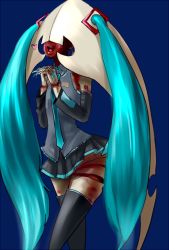 Rule 34 | 1girl, blush, cenobite, colored skin, cosplay, detached sleeves, drawfag, elesh norn, grand cenobite, fingernails, own hands clasped, hatsune miku, hatsune miku (cosplay), long fingernails, long hair, magic: the gathering, miniskirt, monster girl, nail polish, necktie, no eyes, own hands together, pleated skirt, red skin, skirt, solo, thighhighs, twintails, very long hair, vocaloid