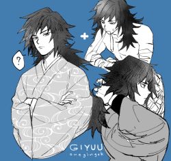 Rule 34 | 1boy, ?, adjusting hair, bandaged arm, bandages, blue background, character name, closed mouth, commentary, crossed arms, greyscale, haori, japanese clothes, kimetsu no yaiba, long hair, male focus, monochrome, multiple views, onegingek, signature, simple background, solo, spoken question mark, symbol-only commentary, tomioka giyuu, toned, toned male, upper body
