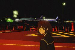 Rule 34 | 1girl, :d, aircraft, airplane, amemori sayo, arms at sides, arrow (symbol), black sailor collar, black shirt, brown eyes, brown hair, floodlights, from side, highres, long bangs, long sleeves, looking at viewer, night, nijisanji, nkymyura, open mouth, outdoors, road, sailor collar, shirt, short hair, sidelocks, sign, smile, solo, street, traffic cone, upper body, virtual youtuber