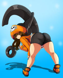 Rule 34 | 1girl, anchor, arc system works, ass, ass focus, bike shorts, brown eyes, brown hair, guilty gear, guilty gear strive, hat, highres, hood, hoodie, looking at viewer, looking back, may (guilty gear), shadow, simple background, skull and crossbones, solo, sonson-sensei, thick thighs, thighs