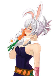 Rule 34 | 1girl, animal ears, bandages, bare shoulders, battle bunny riven, belt, blush, breasts, brown eyes, carrot, cleavage, detached collar, fake animal ears, folded ponytail, food, gloves, greatist (artist), league of legends, leotard, licking, necktie, open mouth, playboy bunny, rabbit ears, riven (league of legends), sexually suggestive, short hair, solo, sweatdrop, tears, tongue, uyo, white hair, wrist cuffs