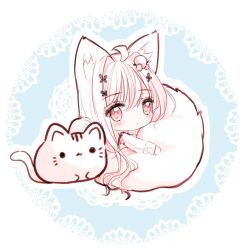 Rule 34 | 1girl, ahoge, animal, animal ear fluff, animal ears, bad id, bad twitter id, blue background, blush, butterfly hair ornament, cat, chibi, closed mouth, commentary request, fox ears, fox girl, fox tail, hair between eyes, hair intakes, hair ornament, highres, large tail, long sleeves, original, red eyes, shirt, solo, tail, tandohark, two-tone background, white background, white shirt