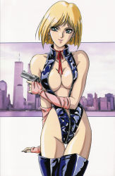 Rule 34 | 1girl, absurdres, aqua eyes, arm support, bare shoulders, black footwear, black thighhighs, blonde hair, blush, boots, breasts, breasts squeezed together, building, center opening, choker, cityscape, cleavage, cloud, cowboy shot, earrings, elbow gloves, facing viewer, finger on trigger, fingerless gloves, fingernails, full-length zipper, glint, gloves, green eyes, groin, gun, halterneck, handgun, highleg, highleg leotard, highres, hip focus, holding, holding gun, holding weapon, jewelry, leather, leotard, light smile, lipstick, long fingernails, looking at viewer, looking away, makeup, manhattan, mon-mon (miyazaki kenjin), mon mon, nail polish, narrow waist, new york, no bra, official art, original, photo background, pink gloves, pink lips, purple lips, retro artstyle, ribbon, ribbon choker, shiny clothes, short hair, skin tight, sky, skyscraper, smile, solo, standing, thigh boots, thigh gap, thighhighs, turtleneck, unzipped, water, weapon, white background, world trade center, zipper