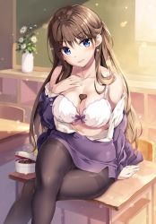 Rule 34 | 1girl, arm support, bare shoulders, between breasts, blue eyes, blurry, boku no kanojo sensei, box, bra, breasts, brown hair, brown pantyhose, candy, chair, chocolate, chocolate heart, cleavage, collarbone, crossed legs, depth of field, desk, earrings, evening, food, fujiki maka, half updo, hand on own chest, hand up, head tilt, heart, heart on chest, indoors, jacket, jewelry, large breasts, light particles, long hair, long sleeves, looking at viewer, novel illustration, off shoulder, official art, open clothes, open shirt, oryo (oryo04), pantyhose, parted lips, plant, potted plant, purple jacket, school chair, school desk, shirt, sitting, smile, solo, thighband pantyhose, underwear, v-shaped eyebrows, white bra, white shirt