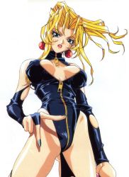 Rule 34 | 1990s (style), 1girl, blonde hair, breasts, cleavage, cleavage cutout, clothing cutout, earrings, from below, highres, jewelry, kotobuki tsukasa, large breasts, leather, leotard, lips, lipstick, long hair, looking at viewer, makeup, nail polish, official art, retro artstyle, simple background, sofia, sofia (toushinden), solo, tamsoft, toushinden, white background, zipper
