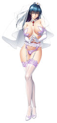 Rule 34 | 1girl, alternate costume, bare shoulders, black hair, blue eyes, blue hair, breasts, breasts apart, bridal lingerie, bridal veil, bride, closed mouth, covering breasts, covering privates, curvy, elbow gloves, eyelashes, frilled skirt, frills, full body, garter straps, gem, gloves, hair between eyes, high heels, highres, igawa asagi, kagami hirotaka, lace, lace-trimmed legwear, lace-trimmed panties, lace trim, large breasts, lingerie, looking at viewer, micro panties, microskirt, official alternate costume, own hands together, panties, revealing clothes, shadow, simple background, skirt, solo, taimanin (series), taimanin asagi, thick eyebrows, thighhighs, thong, underwear, underwear only, veil, white background, white footwear, white gloves, white thighhighs, wide hips
