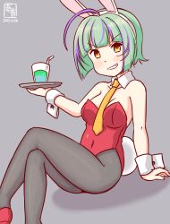 Rule 34 | 1girl, animal ears, antenna hair, black pantyhose, blush, bob cut, breasts, covered navel, crossed legs, cup, detached collar, fake animal ears, green hair, inverted bob, kanon (kurogane knights), kantai collection, leotard, looking at viewer, multicolored hair, neckerchief, one-hour drawing challenge, pantyhose, playboy bunny, purple hair, rabbit ears, rabbit tail, red leotard, short hair, sitting, small breasts, smile, solo, strapless, strapless leotard, tail, take (kancolle), tray, wrist cuffs, yellow eyes, yellow neckerchief