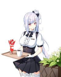 Rule 34 | 1girl, badge, black bow, black bowtie, black skirt, bow, bowtie, breasts, bright pupils, center frills, closed mouth, closers, coffee, coffee cup, collared shirt, cowboy shot, cup, disposable cup, drinking glass, flower, flower bed, food, frills, frown, fruit, garter straps, gloves, hair bow, high-waist skirt, highres, holding, holding tray, ice cream, lace, lace-trimmed thighhighs, large breasts, long hair, looking at viewer, looking to the side, miniskirt, mirae (closers), official art, pink eyes, pleated skirt, ponytail, puffy short sleeves, puffy sleeves, shirt, short sleeves, skirt, solo, strawberry, strawberry slice, sundae, suspender skirt, suspenders, thighhighs, tray, turning head, underbust, very long hair, waitress, white background, white gloves, white hair, white pupils, white shirt, white thighhighs, yellow flower, zettai ryouiki