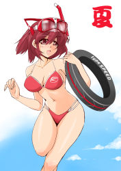 Rule 34 | 1girl, 2x2eyes, bikini, blush, breasts, cleavage, cloud, collarbone, goggles, goggles on head, headpiece, highres, holding, kamen rider, kamen rider drive, kamen rider drive (series), kamen rider drive type speed, large breasts, navel, open mouth, personification, ponytail, red bikini, red eyes, red hair, rider-tan, short hair, sky, smile, snorkel, solo, standing, standing on one leg, swimsuit, tire