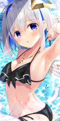 Rule 34 | 1girl, amane kanata, angel, angel wings, armpits, bikini, blue hair, breasts, colored inner hair, feathered wings, feathers, grey hair, highres, hololive, jewelry, looking at viewer, looking back, mizuno kurage, multicolored hair, necklace, open mouth, parted lips, presenting armpit, purple eyes, short hair, small breasts, solo, swimsuit, virtual youtuber, water, wet, wings