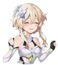 Rule 34 | 1girl, bare shoulders, black gloves, blonde hair, blue flower, blush, breasts, closed eyes, commentary, detached sleeves, dress, english commentary, flower, genshin impact, gloves, grey flower, hair between eyes, hair flower, hair ornament, hands up, highres, jasummin, long sleeves, lumine (genshin impact), medium breasts, multicolored flower, open mouth, short hair, short hair with long locks, sidelocks, simple background, smile, solo, standing, teeth, tongue, upper body, vision (genshin impact), white background, white dress